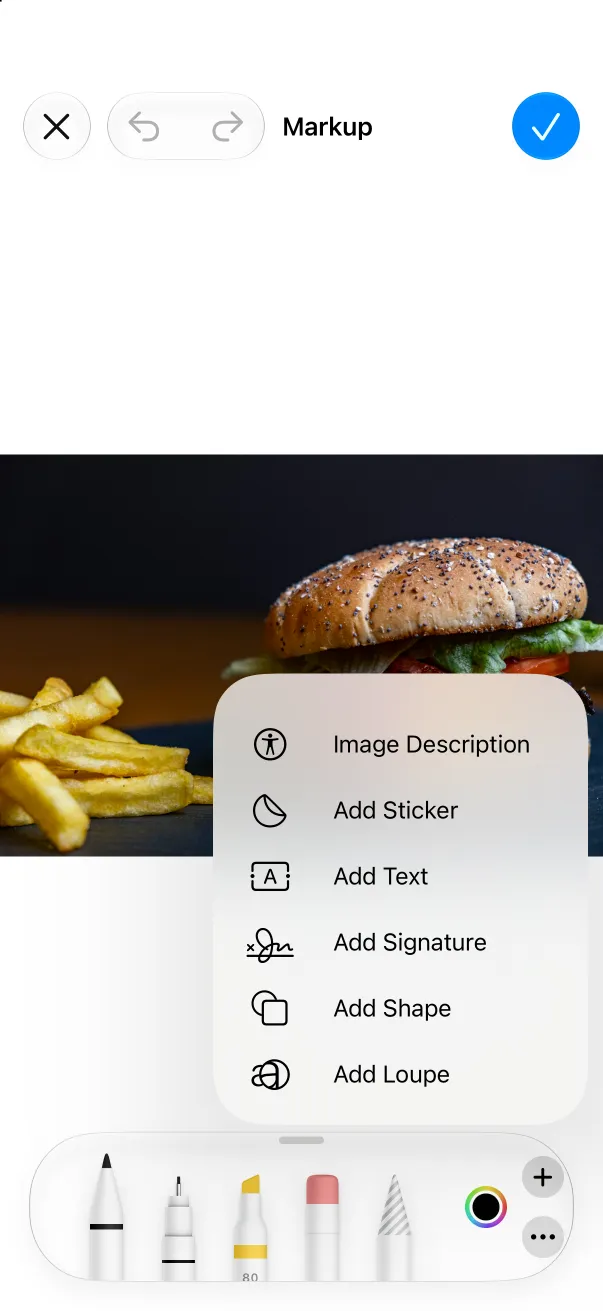 The Markup plus menu with Image Description, Add Sticker, Add Text, Add Signature, Add Shape and Add Loupe