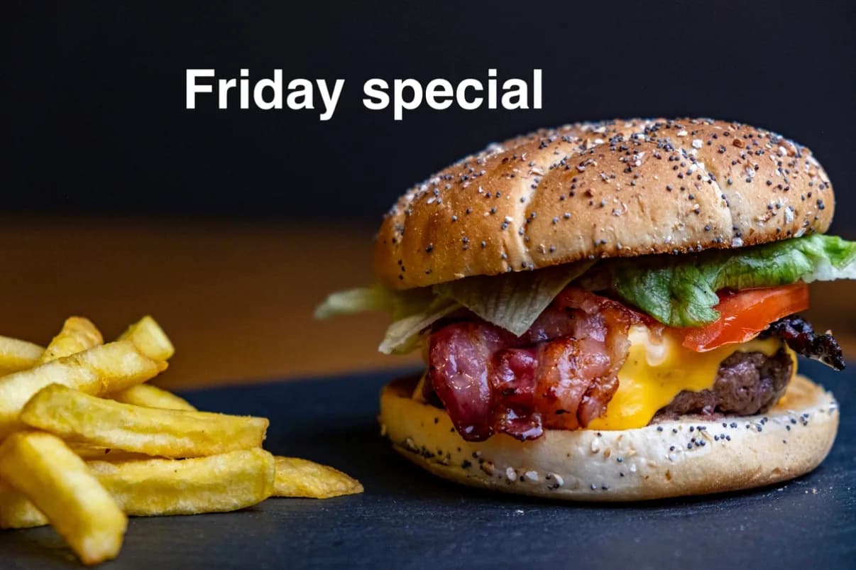 The burger photo with Friday special typed on it in Markup