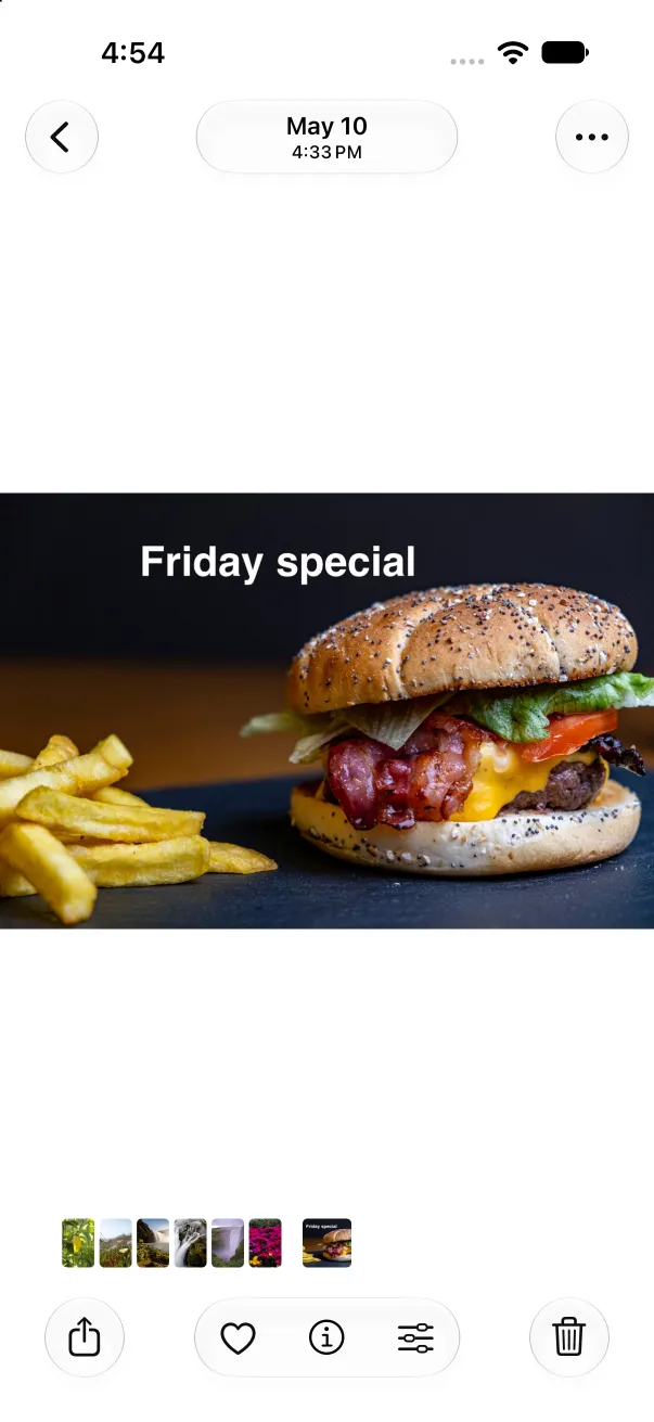 The finished photo in the Photos app: a burger and fries with the words Friday special in white bold type