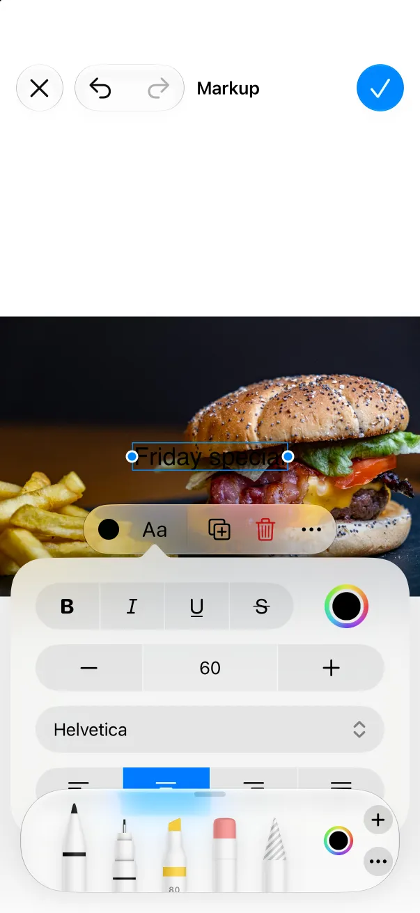 The Aa panel in Markup: bold, italic, underline and strikethrough, size 60, the Helvetica font menu and alignment buttons