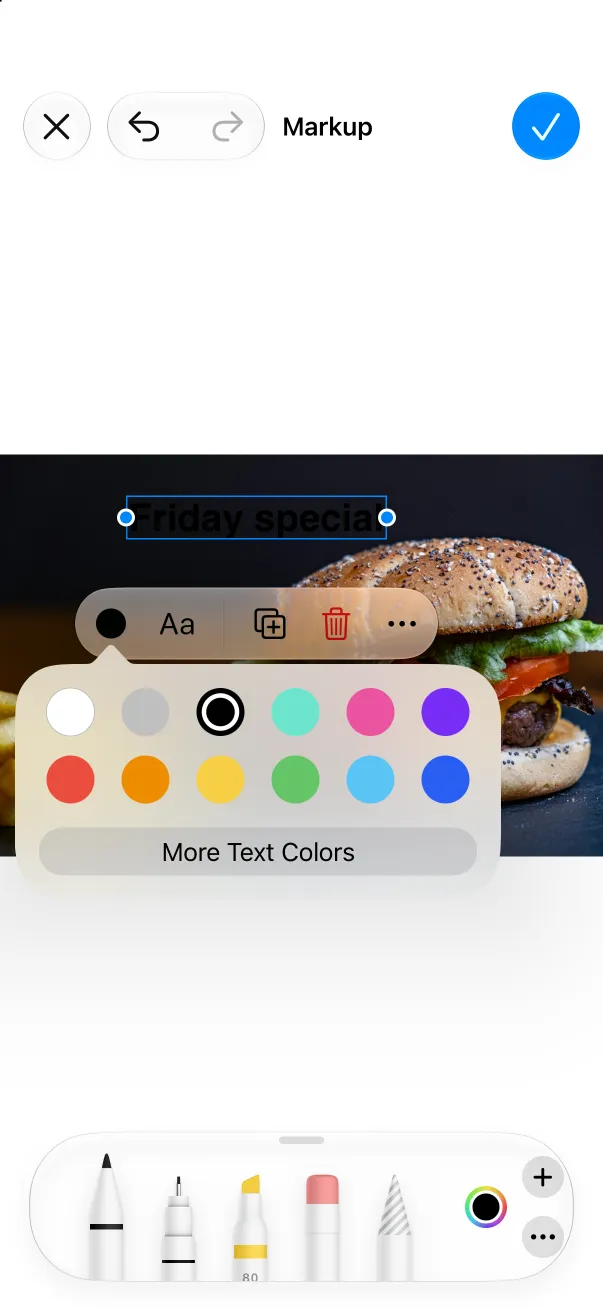 The Markup color choices for a text box: twelve swatches and a More Text Colors button
