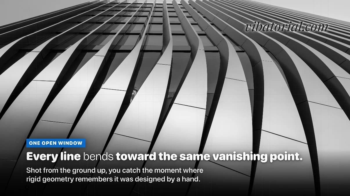Magazine cover made by Vibatorial from a photo of a curved office tower shot from the ground up. Headline: Every line bends toward the same vanishing point.