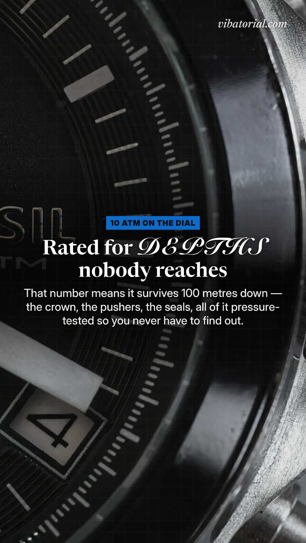 Magazine cover made by Vibatorial from a photo of a close-up of a dive watch dial. Headline: Rated for DEPTHS nobody reaches